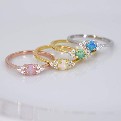 Sterling Silver Halo Opal Stacking Ring Simple Dainty Gold Ring Opal Ring Birthstone Ring 4-10